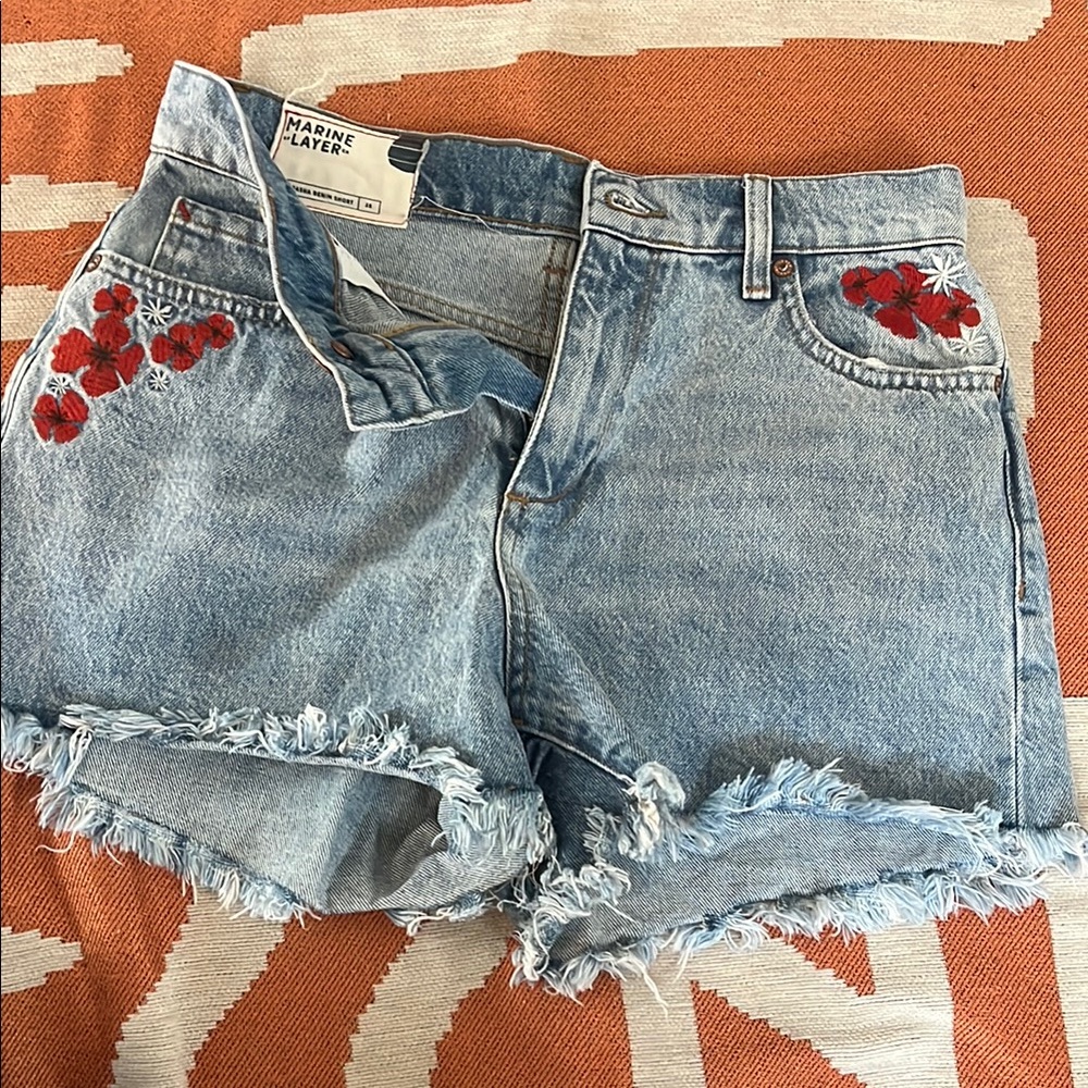Marine Layer Light Wash Denim Jean Shorts with Red Floral Embroidery